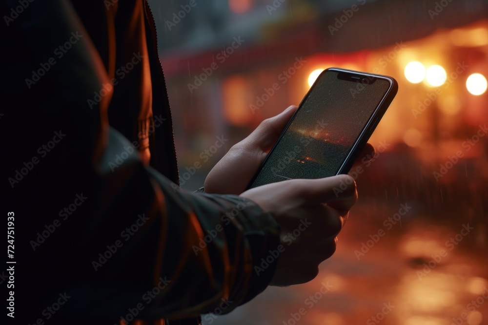 Poster a person holding a smartphone in the rain. suitable for technology and weather-related projects