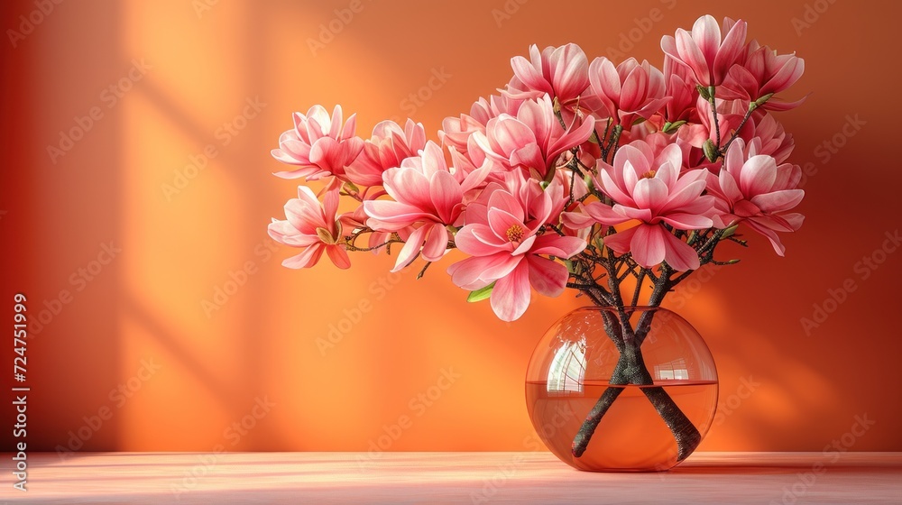 Wall mural a vase filled with pink flowers sitting on top of a table next to an orange wall with a shadow of a 