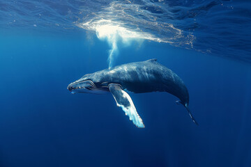 A large whale swimming in the waters of a blue ocean.