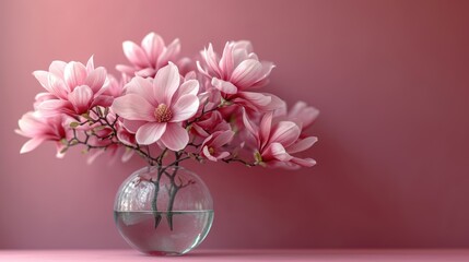  a glass vase filled with pink flowers on top of a pink counter top with a pink wall behind it and a pink wall behind the vase with a bunch of pink flowers in it.