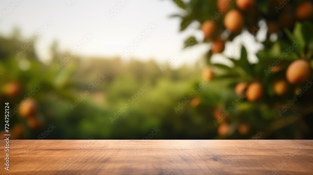 Poster A picture of a wooden table with a vibrant orange tree in the background. Perfect for adding a natural touch to any setting