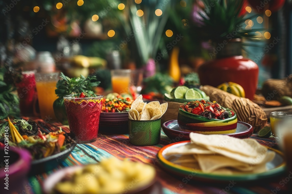 Poster a table filled with a variety of plates of food and drinks. perfect for showcasing a delicious sprea