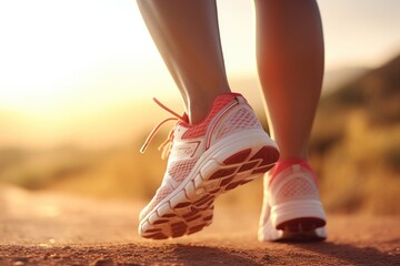 A close-up view of a person's shoes on a dirt road. Perfect for outdoor and adventure themes