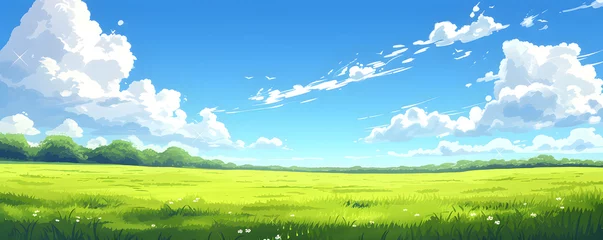 Gardinen Beautiful grassy fields under a summer blue sky with fluffy white clouds blowing in the wind. Wide format image captures the sky behind a green field, creating a serene landscape of anime backgrounds. © jex