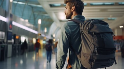 A man with a backpack walking through an airport. Perfect for travel and transportation themes
