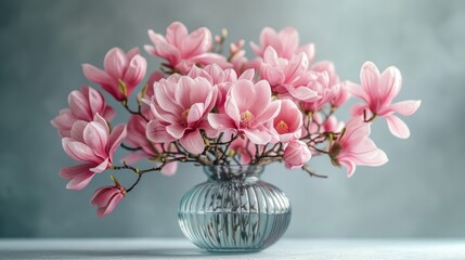  a vase filled with pink flowers sitting on top of a white counter top next to a blue vase filled with pink flowers on top of a white counter top next to a gray wall.