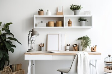 White wall with a simple desk, office supplies, and plants. Copy area for a montage of products