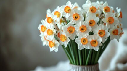  a white vase filled with lots of white and orange daffodils sitting on top of a white cloth covered table cloth on top of a white table cloth.