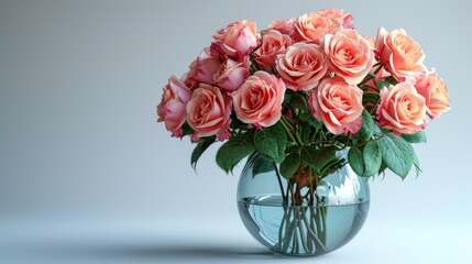  a vase filled with pink roses sitting on top of a white counter top next to a gray wall and a gray wall behind the vase is filled with pink roses.
