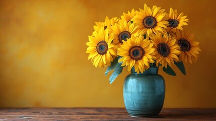  a blue vase filled with yellow sunflowers on top of a wooden table in front of a yellow wall and a wooden table with a blue vase on it.