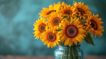  a vase filled with lots of yellow sunflowers on top of a wooden table in front of a blue wall and a wooden table with a vase of flowers in it.