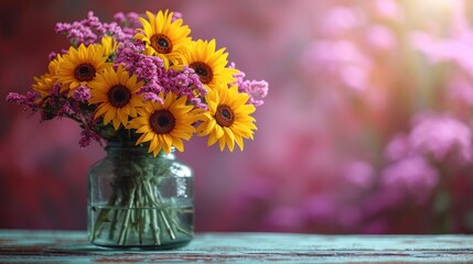  a bouquet of sunflowers in a glass vase on a wooden table in front of a blurry background of pink and yellow flowers in a vase on a wooden table.