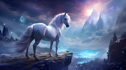 beautiful white horse in the mountains at night time