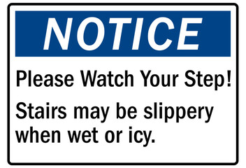 Watch your step warning sign stairs may be slippery when wet or icy