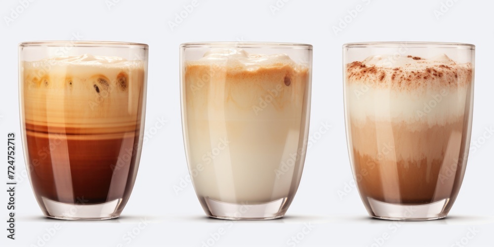 Poster three different types of coffee in glasses on a white background. suitable for coffee lovers and caf