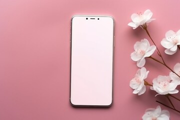 Mobile phone mockup on pink background top view, cherry blossom. Happy Chinese New Year
