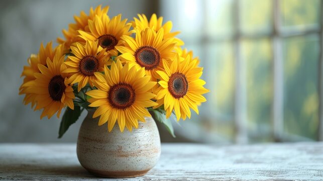  a vase filled with lots of yellow sunflowers on top of a wooden table with a window in the backgrouf of the room in the background.