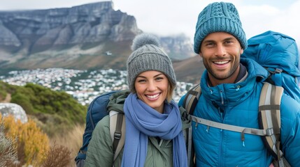 Fototapeta na wymiar Happy couple hiking on scenic mountain trail with city and mountain vista, smiling for the camera