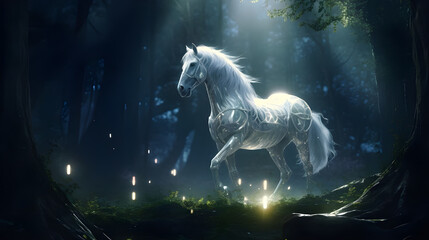  beautiful white horse in the forest at night time 