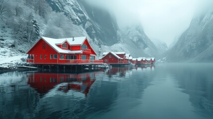  a row of red houses sitting on the side of a mountain next to a body of water with snow on the top of the houses and bottom of the houses.