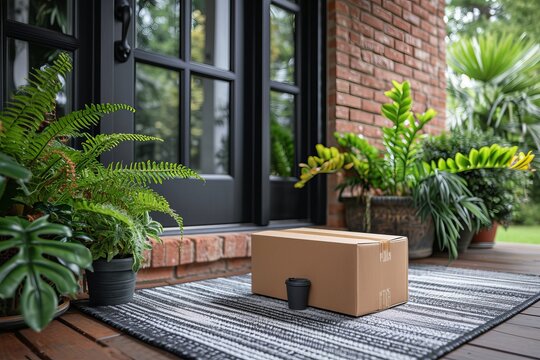 Online shopping delivery concept with package left near front door for entrance delivery.