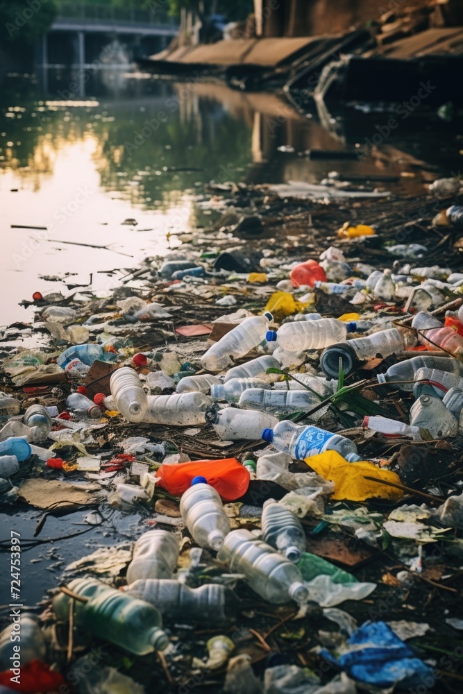 Poster a river filled with lots of trash next to a bridge. this image can be used to depict pollution, envi