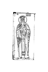 Orthodox vintage stamp of Basil of Ostrog. Christian illustration black and white in Byzantine style 