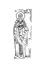 Orthodox vintage stamp of Saint Petar I Petrovich-Njegosh (name). Christian illustration black and white in Byzantine style 