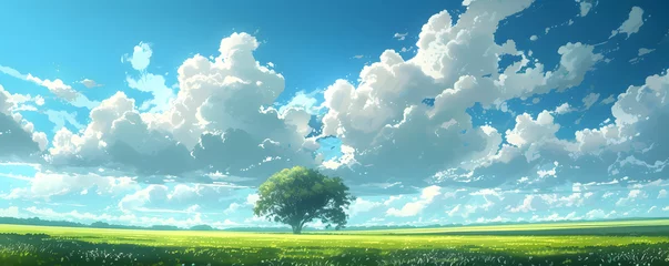 Gardinen Beautiful grassy fields under a summer blue sky with fluffy white clouds blowing in the wind. Wide format image captures the sky behind a green field, creating a serene landscape of anime backgrounds. © jex