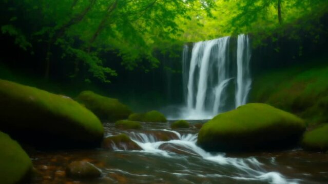 A Majestic Waterfall in a Lush Forest - Detailed Landscape Painting. Generative AI.