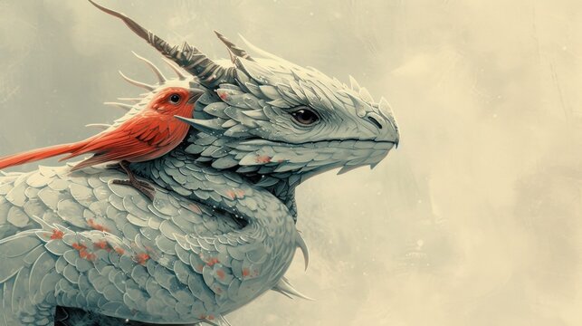  a painting of a dragon with a bird on it's back and a bird perched on top of it's back, in the middle of a foggy sky.