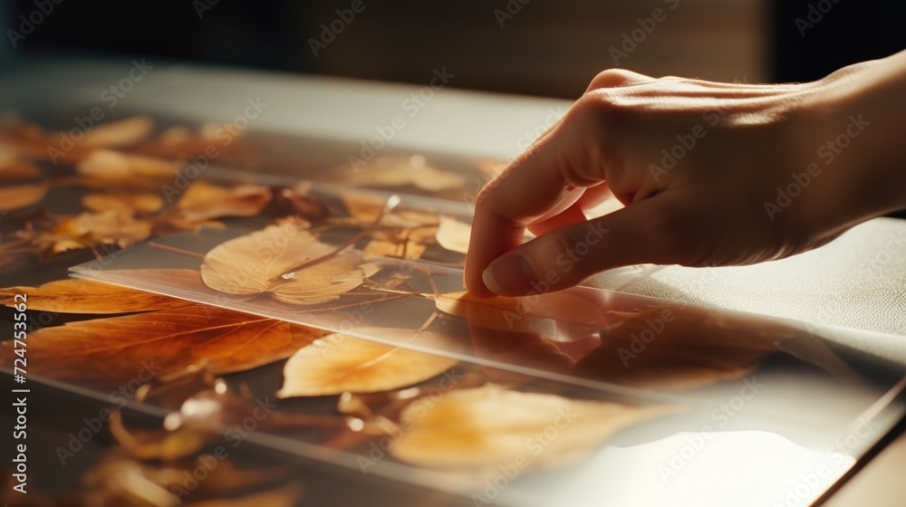 Poster a person is seen touching a piece of glass with leaves on it. this image can be used to illustrate c