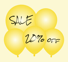 Sale and 20% off written in pen on yellow balloons.