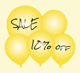 Sale and 10% off written in pen on yellow balloons.