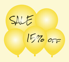 Sale and 15% off written in pen on yellow balloons.