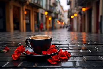 Morning coffee cup on table in the narrow streets of old city with flowers and vintage architecture