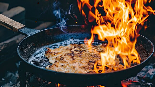 An artistic shot capturing flames licking the surface of a perfectly seasoned barbecue chicken.