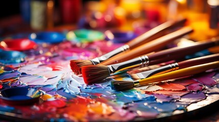 Fototapeta premium Vibrant artist s palette and paintbrushes with dynamic mix of colors in bright studio lighting.