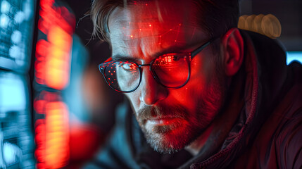 A concentrated man interacts with a holographic interface, reflected in his glasses, indicating technology engagement.
