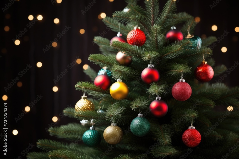 Poster a festive christmas tree adorned with colorful ornaments and twinkling lights. perfect for adding ho