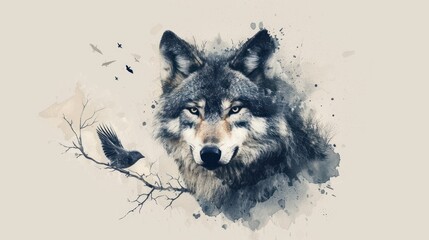  a watercolor painting of a wolf with a bird on it's back and a tree branch in the foreground with a bird on it's side.