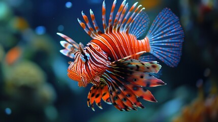  a close up of a red and blue lionfish in a fish tank with corals in the background and water in the foreground, with bubbles in the foreground.