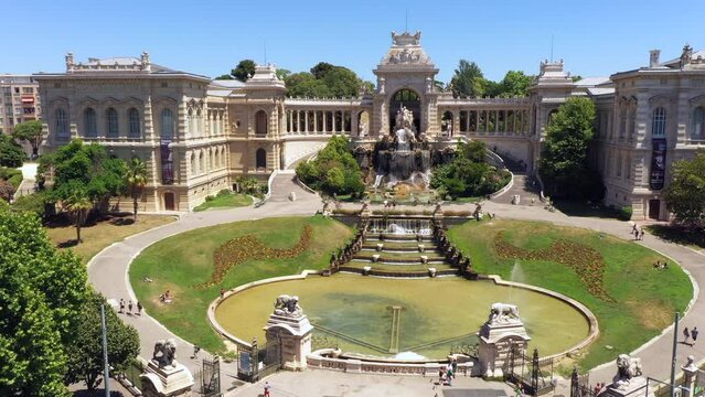 Aerial of Palais Longchamp park in Marseille France