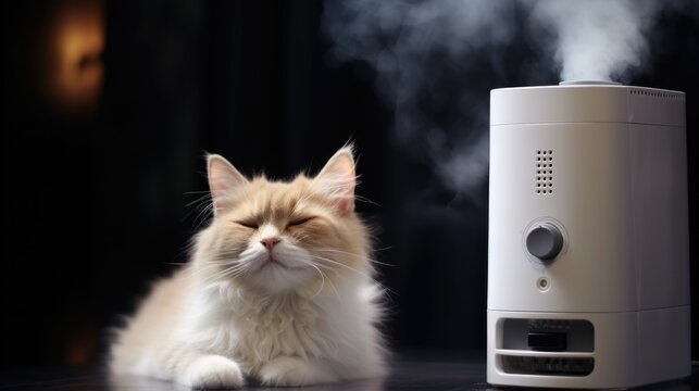 A cat sitting next to a humidifier on a table. This image can be used to depict a cozy home environment or to promote the benefits of using a humidifier for pets
