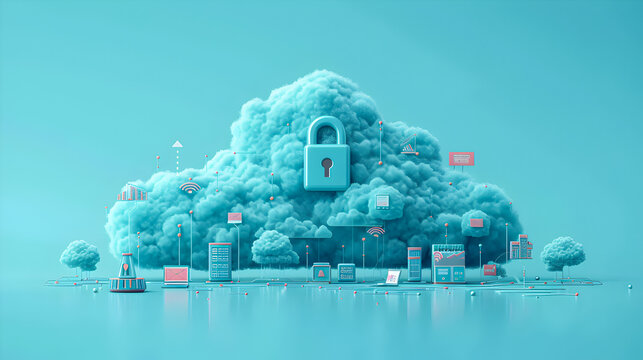 Digital artwork of a cloud with a padlock representing secure cloud computing and data encryption.

