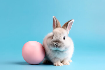 Small bunny next to large pink Easter egg in front of blue studio background