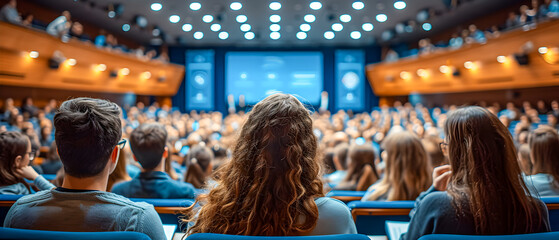 A large audience attentively watches a presentation in a modern conference hall setting.
