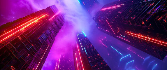 abstract background Tall buildings from below, white smoke and colored lights, cityscape, background ultra wide 21:9
