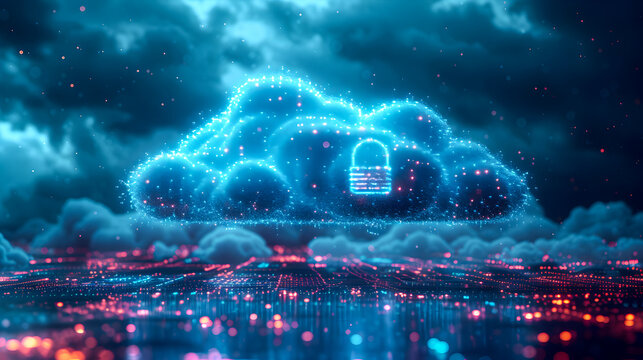 A glowing cloud with a padlock symbolizes strong cybersecurity measures in cloud computing environments.
