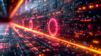 Obraz premium High-tech server room with digital security interface and red neon lights, symbolizing cybersecurity and data protection. 